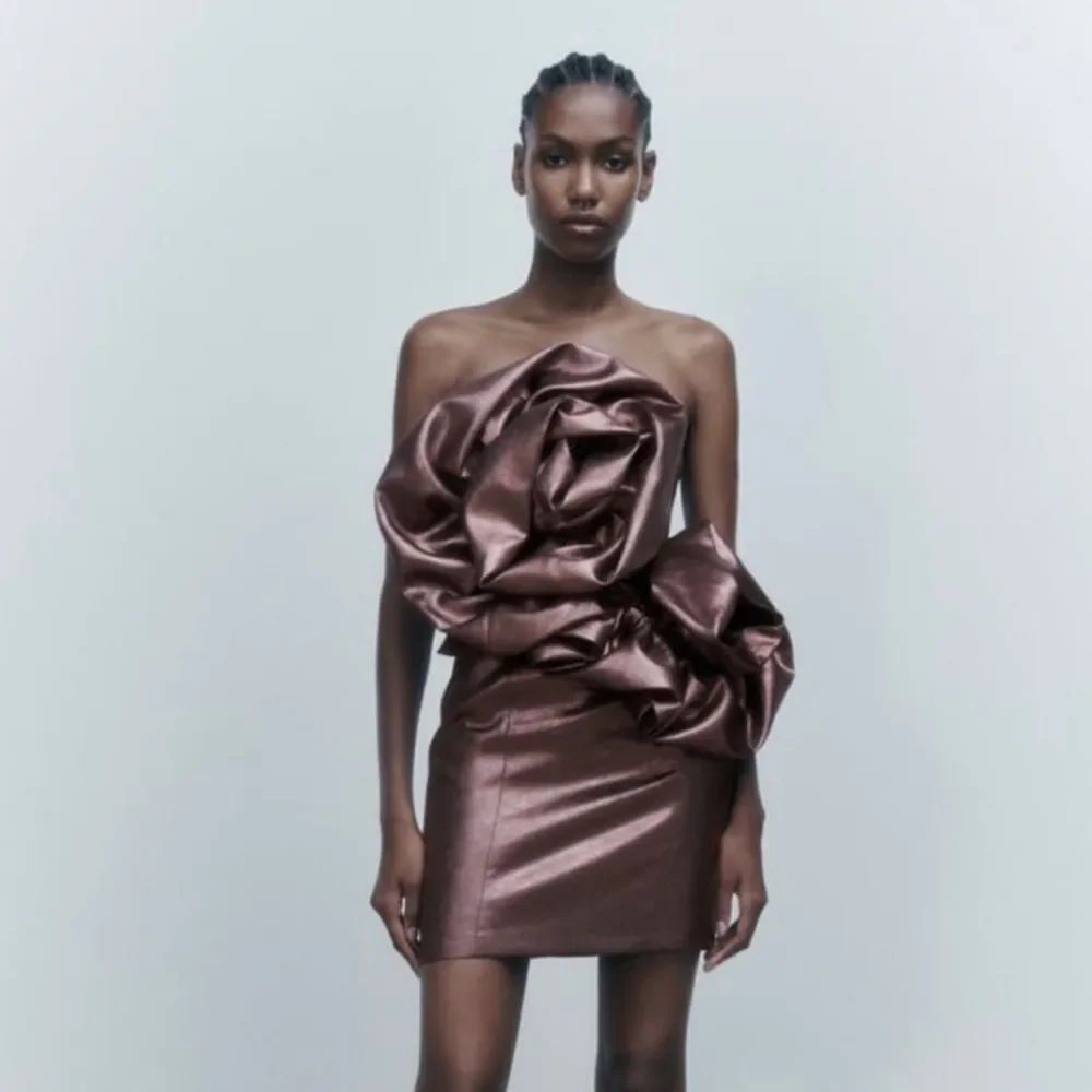 New Zara metallic large flower bronze rose avant-garde mini dress L